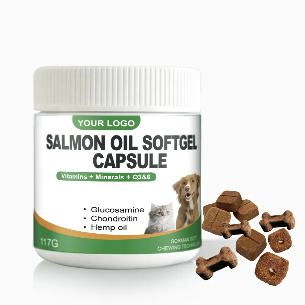 Suplementos de aceite de salmón para mascotas, cápsulas de gel blando de aceite de salmón para perros