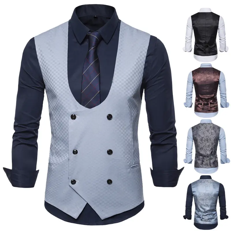 Chaleco de algodón con doble botonadura para hombre, traje Formal a cuadros, con cuello en U, venta al por mayor
