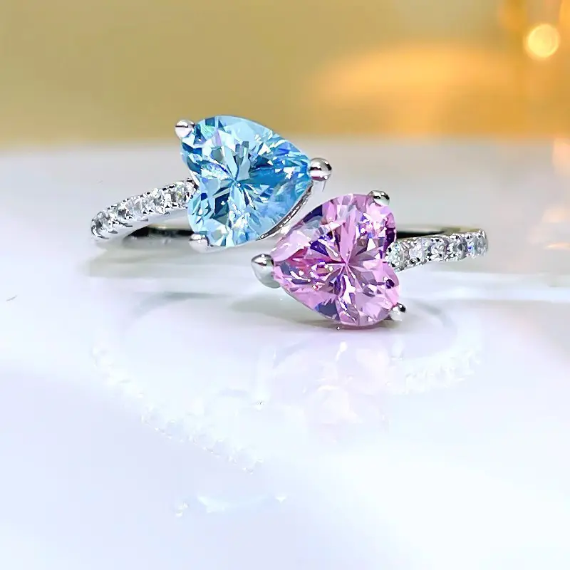Anillo abierto de corazón de diamante rosa brillante exquisito de moda NUORO para mujer anillo de dedo de corazón doble de Zirconia con incrustaciones