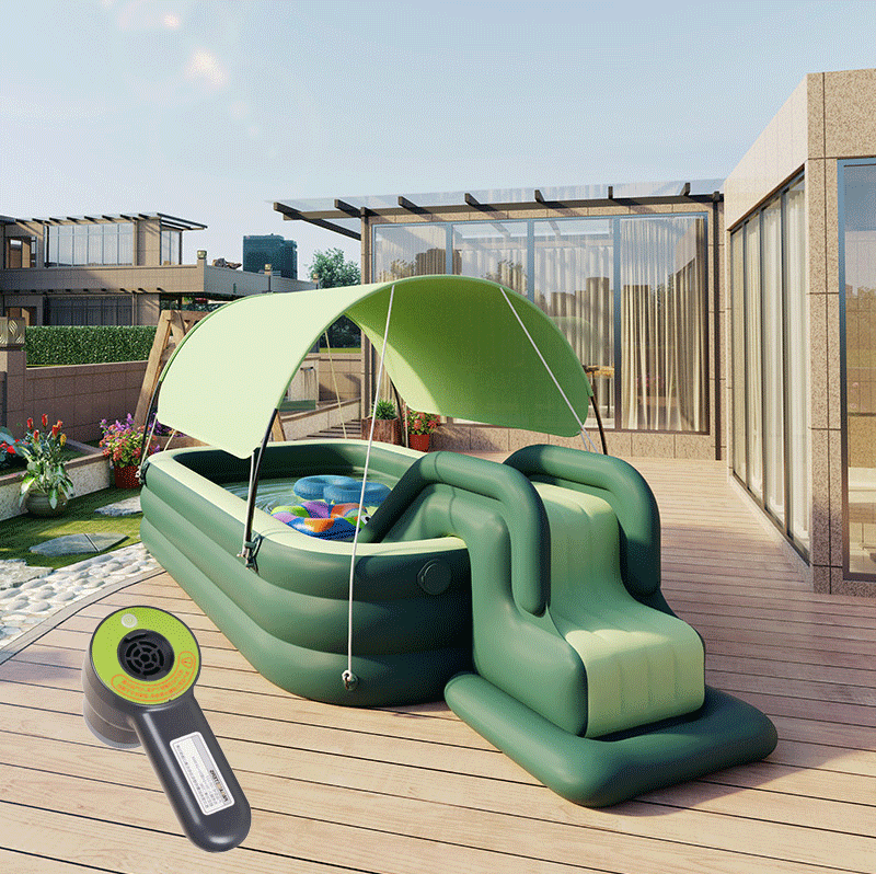 Vert givré (piscine + auvent + toboggan + pompe électrique)