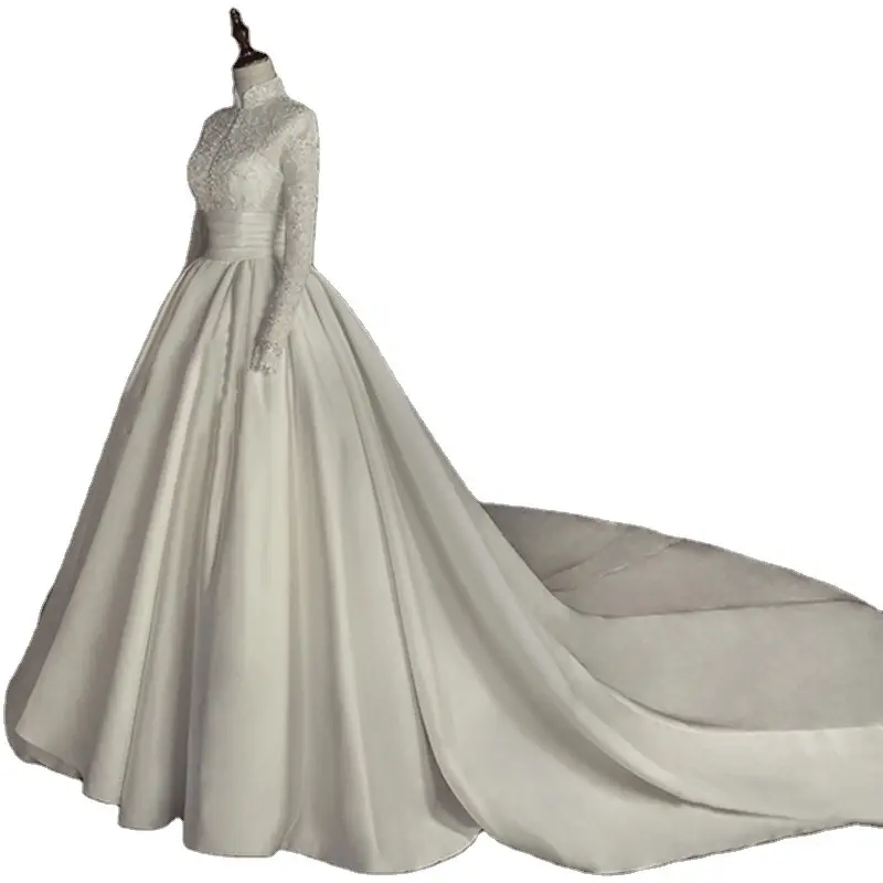 Vestido de novia de lujo de encaje satinado con perlas de cuentas y cuello alto, manga larga, princesa
