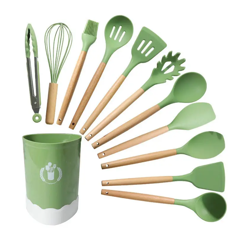 Eco-life-utensilios de cocina antiadherentes de silicona para el hogar y la cocina, juego completo de cena con asas de madera, 12 Uds.