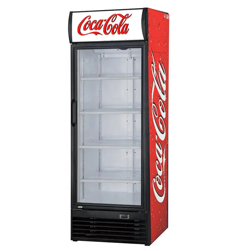 Refrigerador Vertical de una puerta para bebidas, refrigerador de vidrio con pantalla de Coca Cola