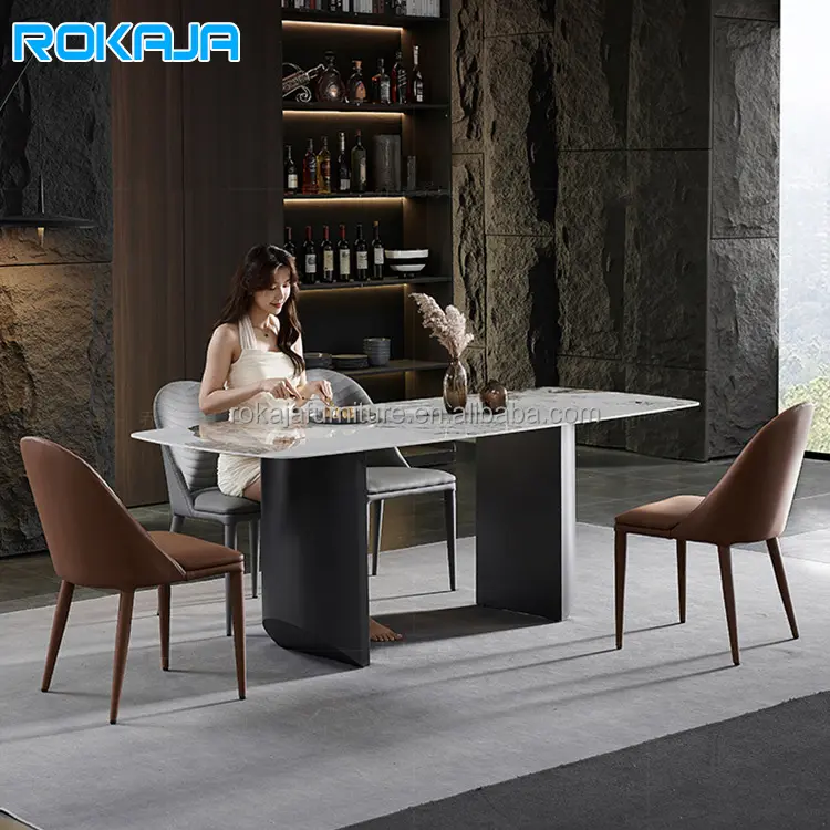 Modern Sintered Stone Dining Table Set Black Lacquer Steel Base Long Square Oval Marble Dinning Table Dinner Room Furniture