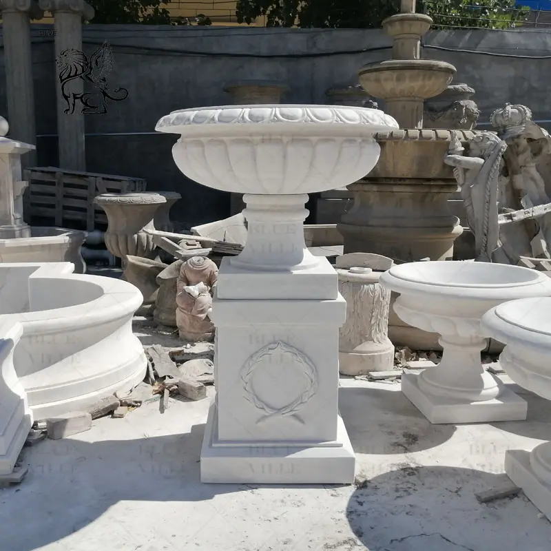 BLVE, venta al por mayor, jardín moderno, decorativo, diseño de estilo occidental, maceta de piedra tallada a mano grande, urnas, maceta de mármol blanco