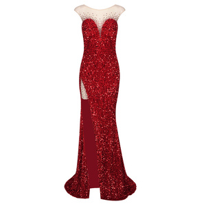A8787 ราคาส่งสีแดงผู้หญิงพรหมชุดMaxiแขนกุดSequinedสุภาพสตรีชุดราตรียาว - Product Image 6