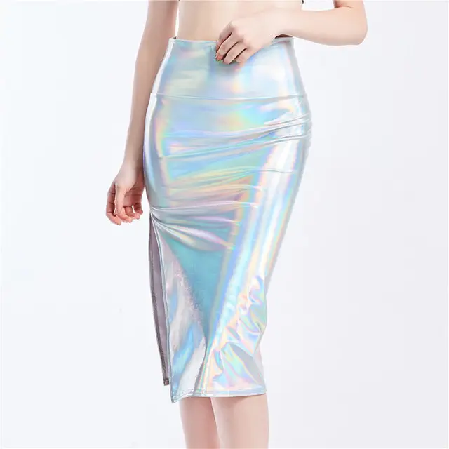 King Mcgreen Star Chic Women Slim Long Holographic Laser High Waist Split Midi Office Lady Sexy Knee Length Skirts Summer New
