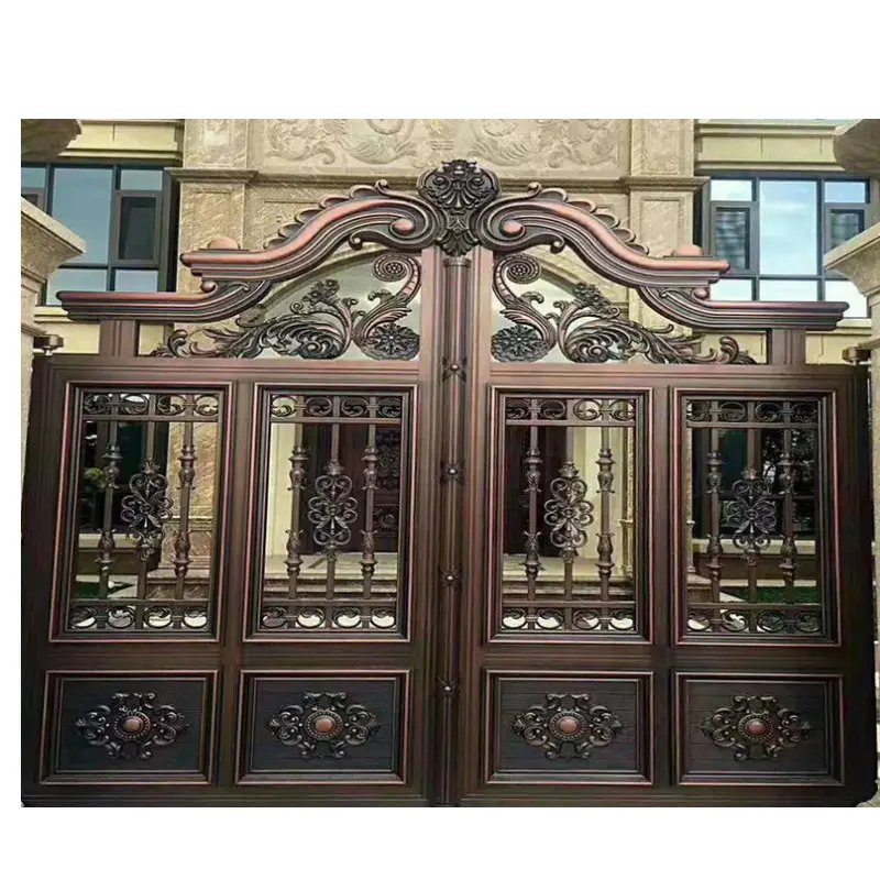 Puerta delantera de jardín de hierro forjado, diseño de puerta de entrada de lujo de metal, moderna