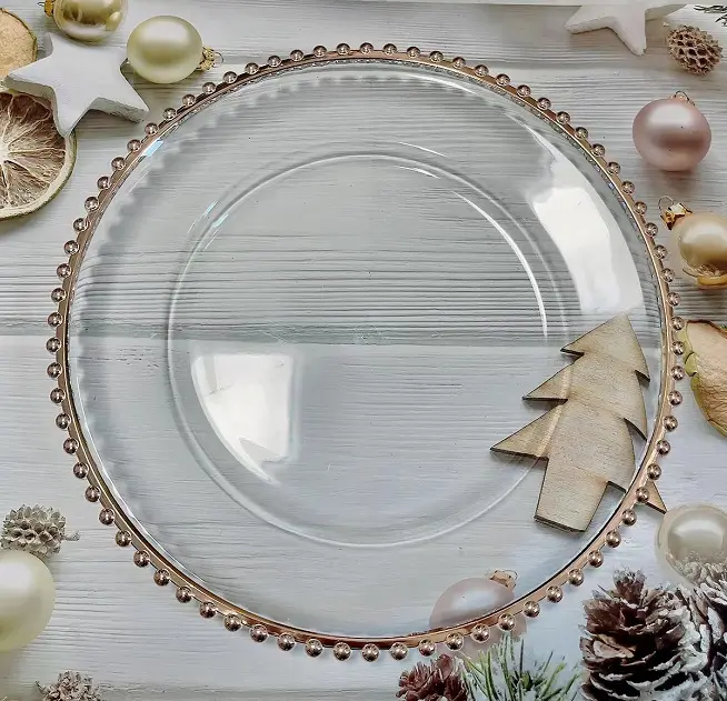 Vente en gros de vaisselle haute couture, plat décoratif pour désherbage, assiette à dîner en perles dorées, assiettes en verre transparent à bord perlé