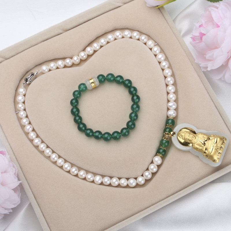 สร้อยคอสีขาว + สร้อยข้อมือ + กล่องกำมะหยี่ + ใบรับรอง (45ซม.)