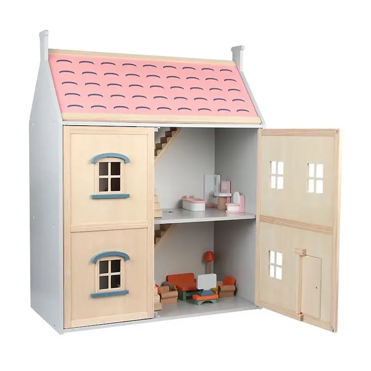 Simulação de madeira Castle Villa quarto boneca luxo 4 quartos casa boneca 2 camadas Móveis Brinquedos Set para crianças brinquedo educativo