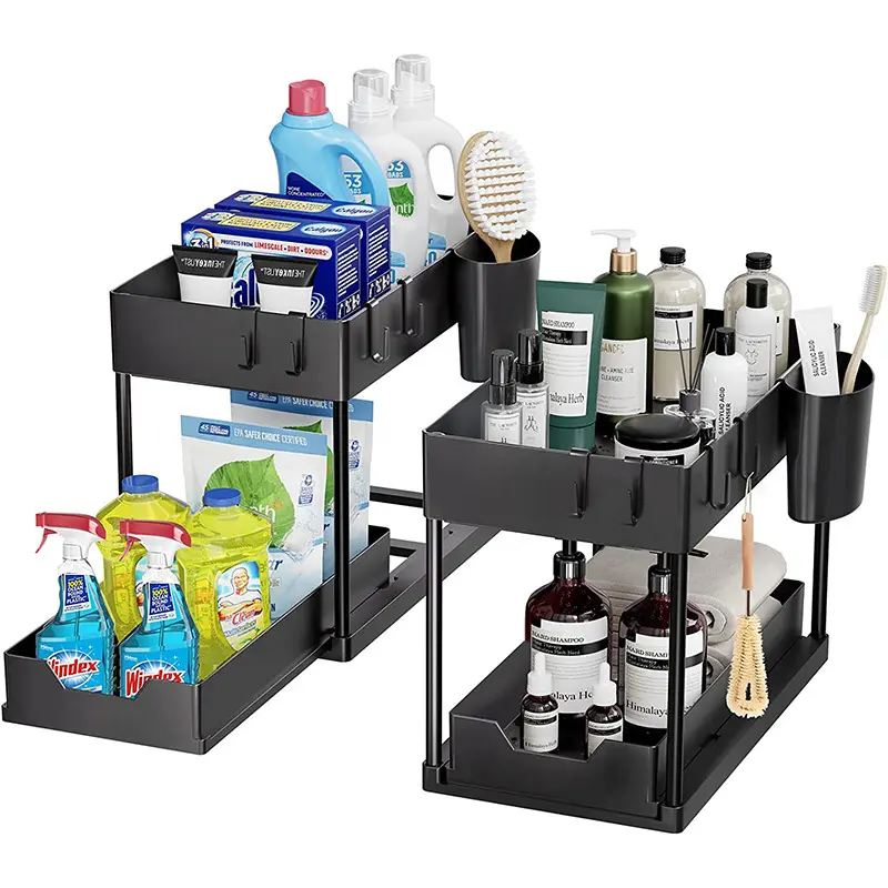 Gran oferta, organizador de baño deslizante de 2 niveles, estante de almacenamiento para cocina, debajo del fregadero, organizador de armario con ganchos, taza colgante