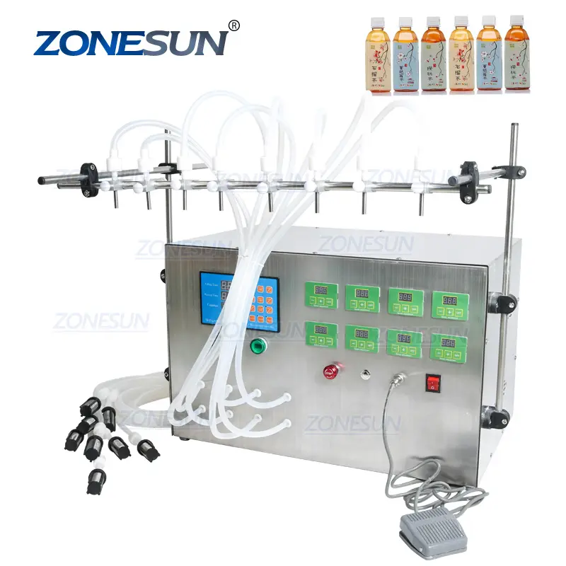ZONESUN-bomba de diafragma de 8 cabezales, desinfectante de manos semiautomático, botella pequeña, maquinaria de llenado de líquido