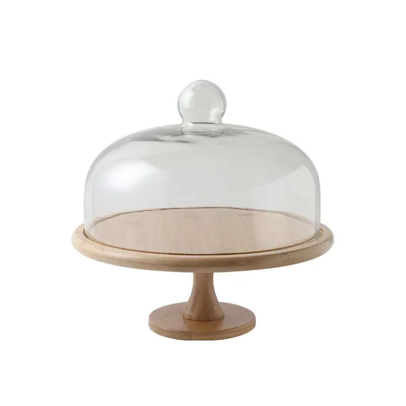 Soporte de pastel de bambú natural con cúpula de vidrio, cubierta redonda, bandeja para servir, superventas, bandeja de pastel de madera con tapa