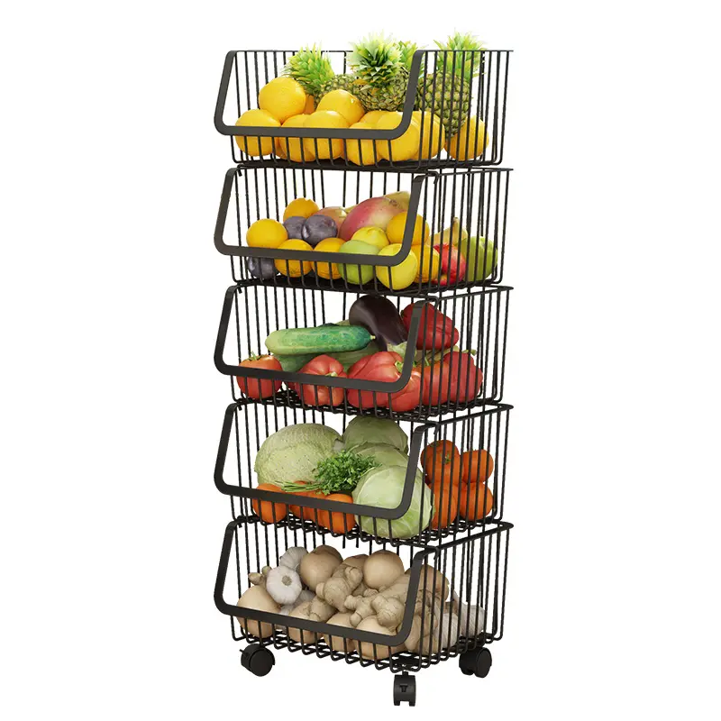 Estante de cocina de varios niveles, cesta de almacenamiento con ruedas de acero inoxidable, para frutas y verduras