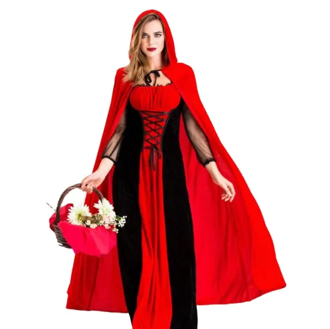 Traje de halloween de conto de fadas, cosplay de chapeuzinho vermelho, uniforme de cosplay, saia longa, fantasia de desempenho de queen