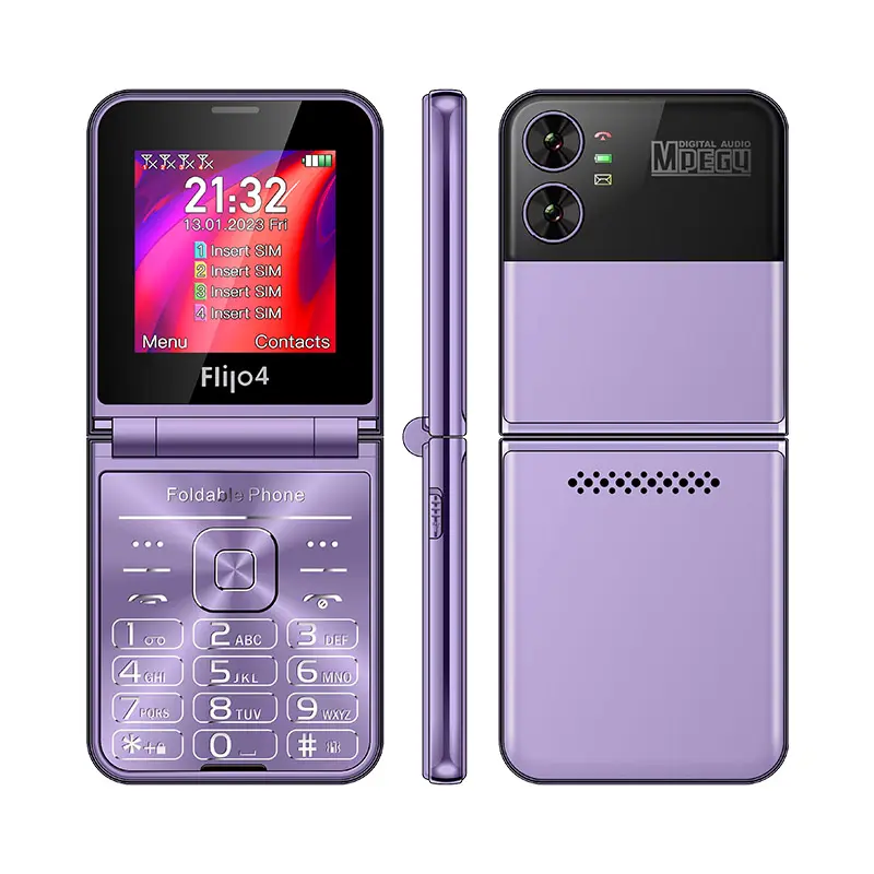 Ponsel portabel 2.55 inci 4 sim warna ungu, ponsel mini lucu dengan fitur Flip versi EU warna ungu dengan keypad besar