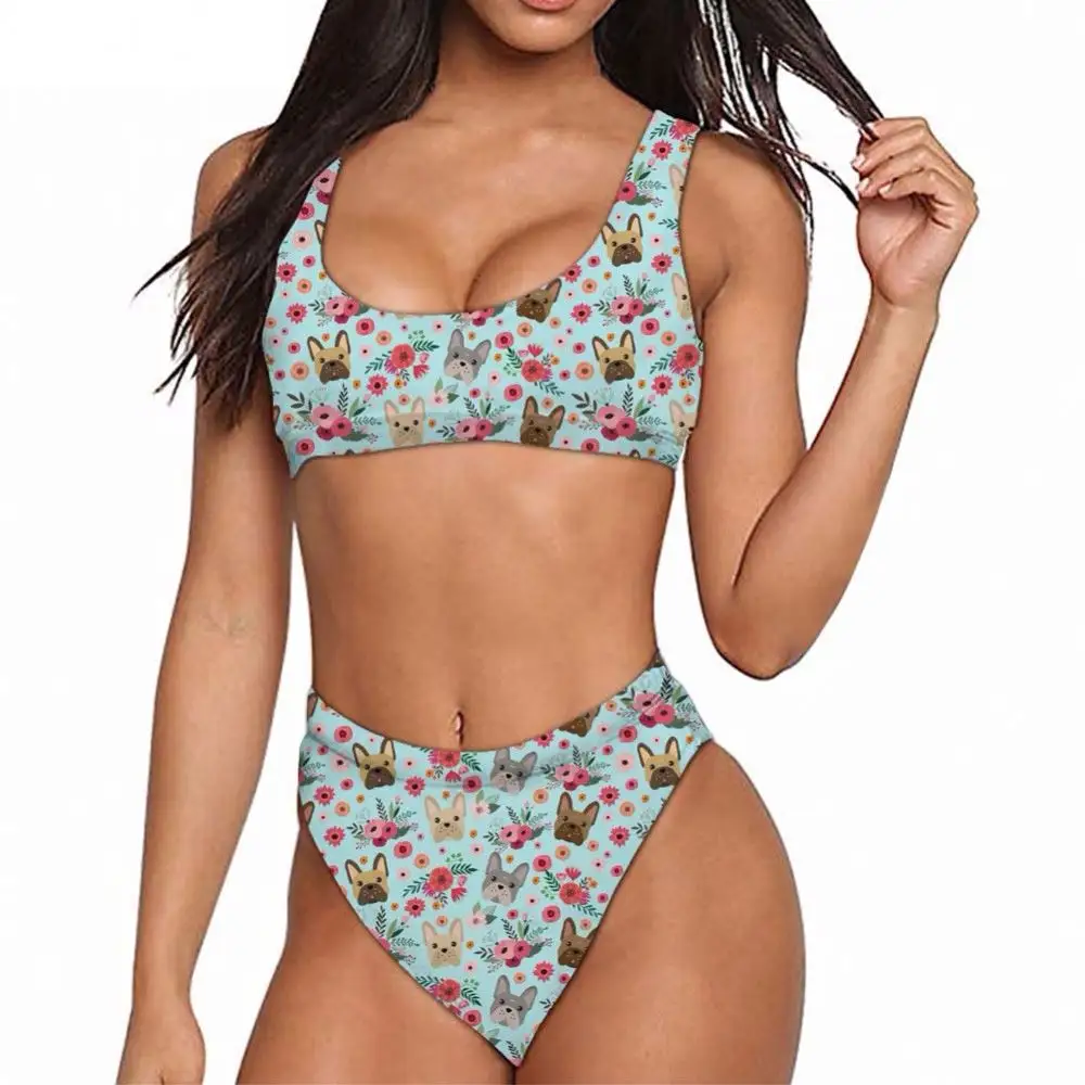 Mesh Comfortable Swimsuit Cute French Bulldog Floral Print Women Tankini Swimwear Asia Bikini Women