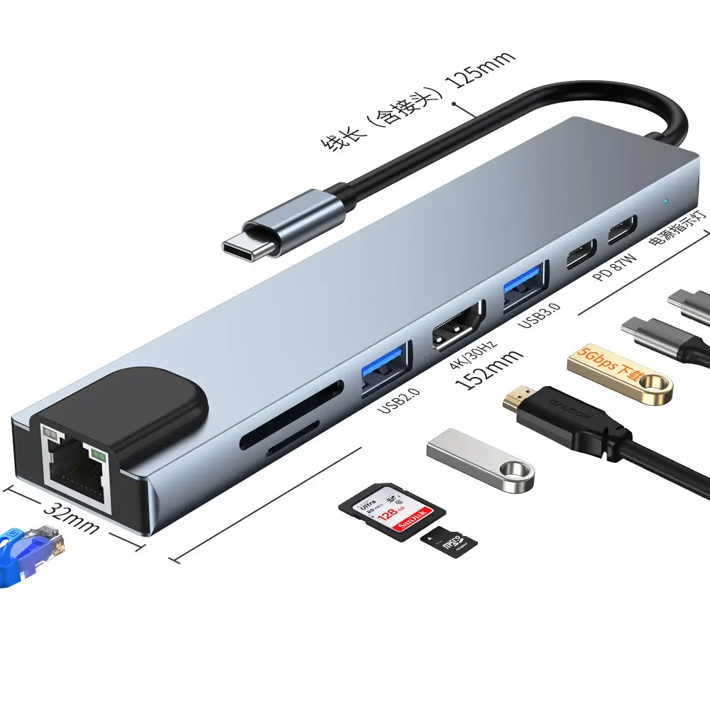 Los fabricantes amplían la base tipo C con 4K HDM USB 3,0 RJ45 Adaptador tipo Hub con tarjeta SD TF PD carga 8 en 1 Usb C Hub