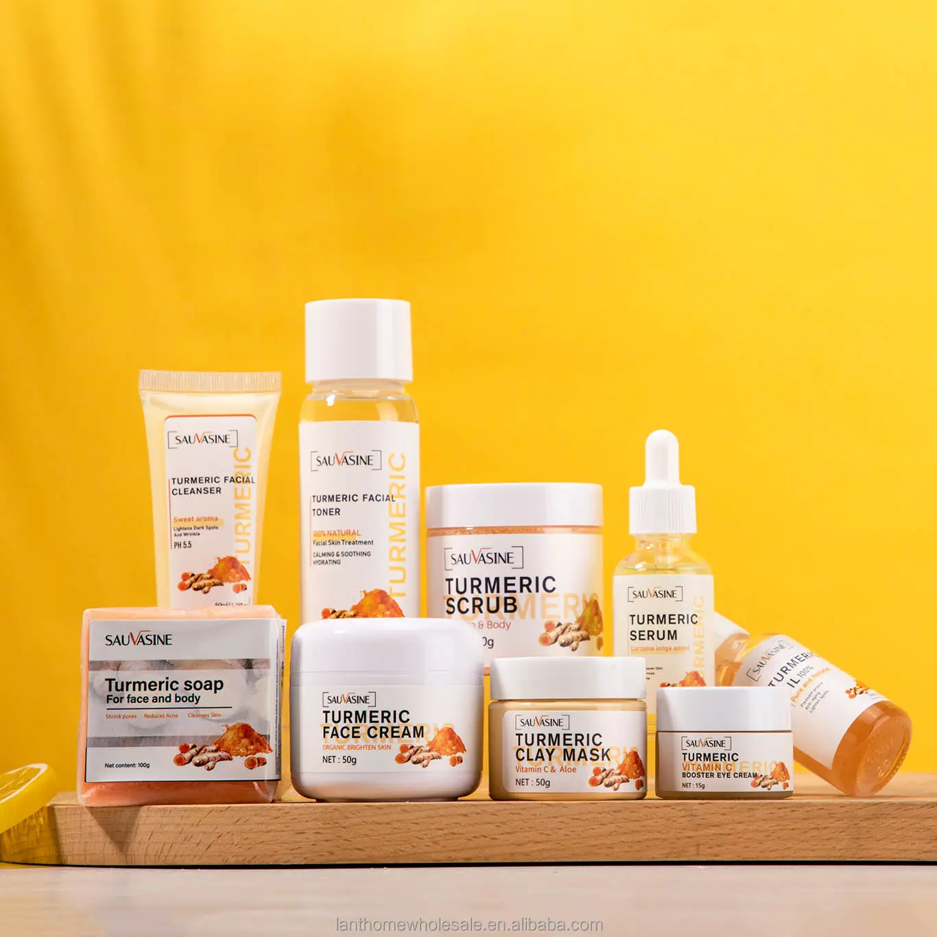 Private Label Natürliche Anti-Aging Anti-Akne-Aufhellung Aufhellung Kurkuma Wurzel creme Gesichts pflege 9PCS Kurkuma Hautpflege-Set