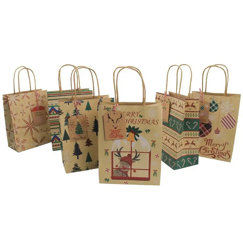 Bolsa de papel Kraft con logotipo personalizado, bolsa de embalaje de regalo con cordón navideño para dulces y galletas, bolsa de papel para regalo de fiesta de Navidad de Año Nuevo