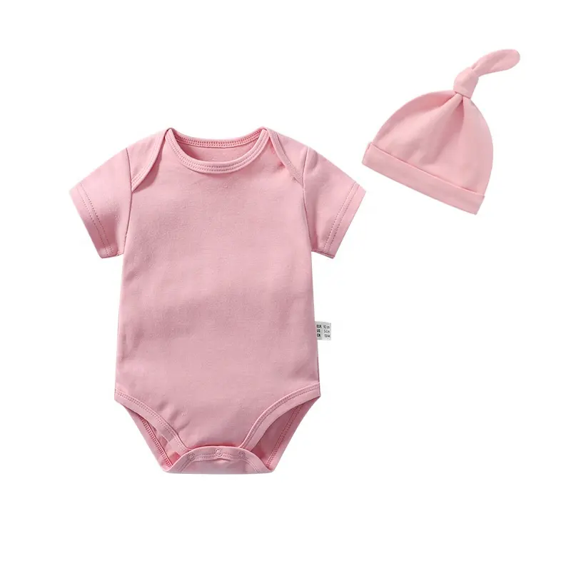 Shopify macacão unissex manga curta, roupas de bebê recém-nascido, cor lisa, venda quente, macacão infantil, primavera e outono, macacão com chapéu
