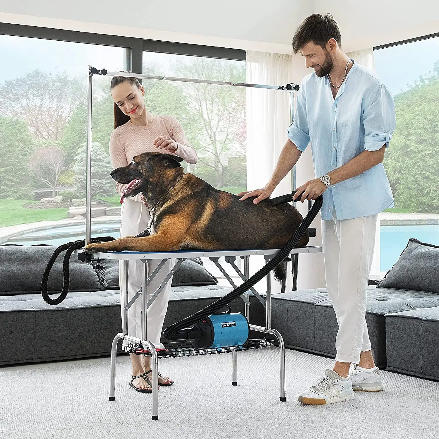大型犬用の高さ調節可能なアーム、ヌース、メッシュトレイを備えたペットグルーミングテーブル
