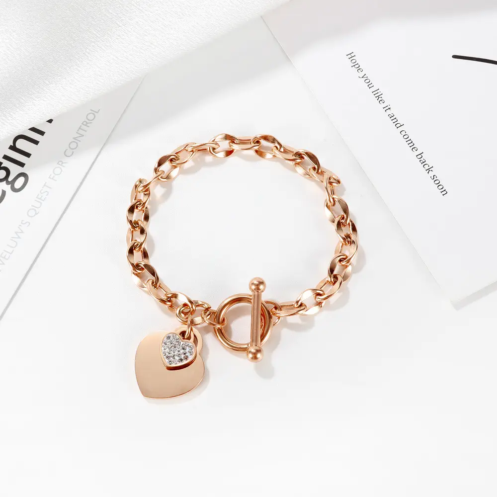 High Quality New Design Titanium Stainless Steel Chain Bracelet Rose Gold Link Charm Rhinestone Crystal Heart Bracelet