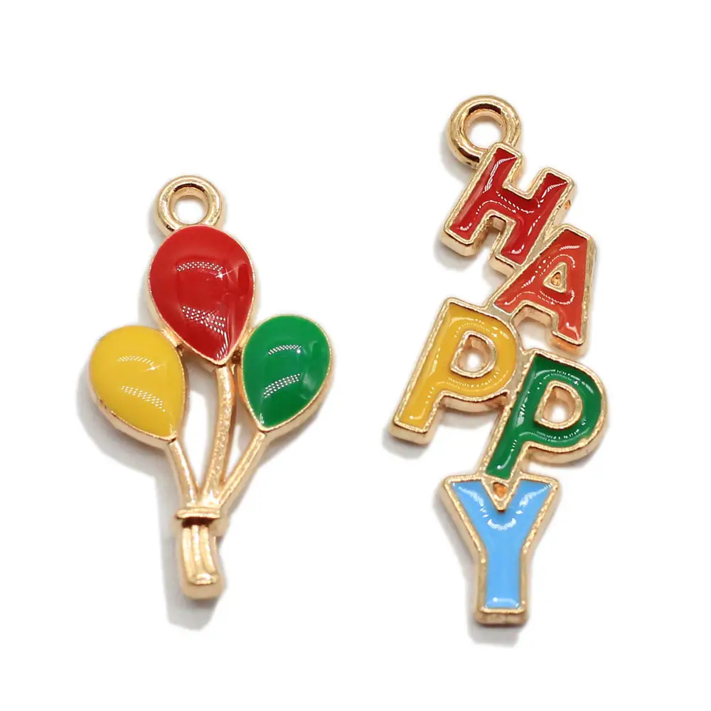 Kawaii HAPPY English Letter Enamel Small Hot Air Balloon Charms Pendant For Fashion Earring DIY Hand Made Jewelry Making