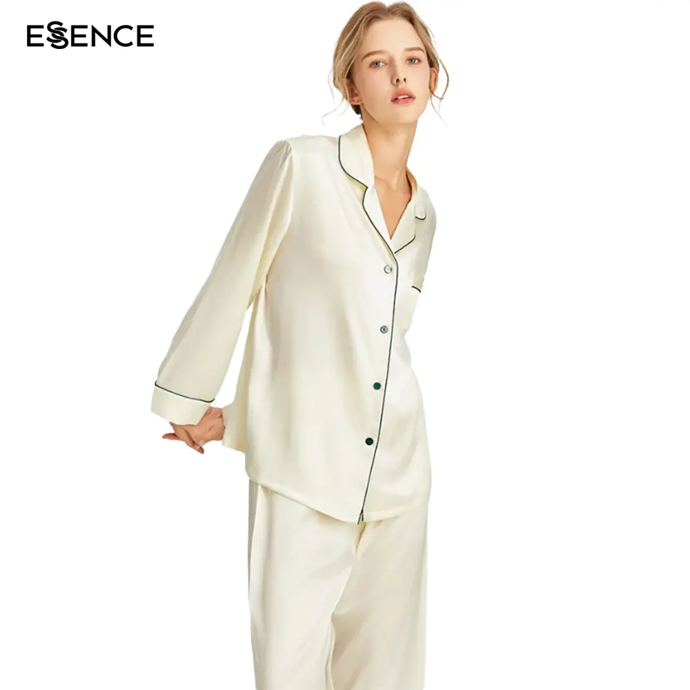 Pyjamas à manches longues femmes vêtements de nuit avec passepoil Pijamas 100% soie tissu PJs vêtements de détente femmes ensembles pyjamas en soie