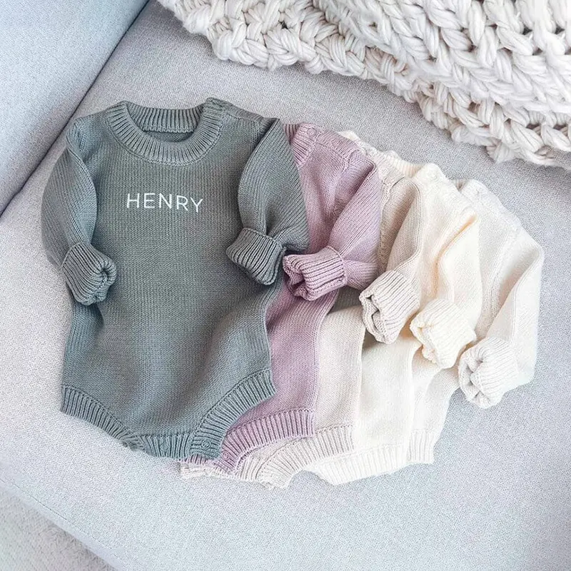 Custom Kids Outfit Plain New Born Baby Boy Girl Chunky Knit Sweater Bodysuit Clothes Baby Bubble Rompers Winter Onesies