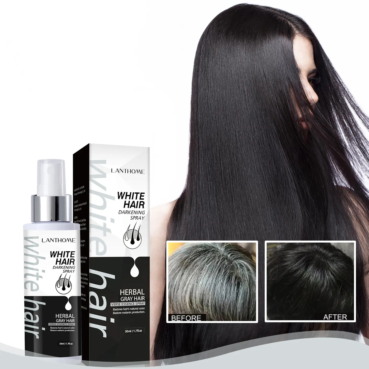 Spray de soin capillaire OEM à marque privée, spray efficace pour le traitement des cheveux blancs, gris, blanc à noir, huile d'essence, hydratant, réparation