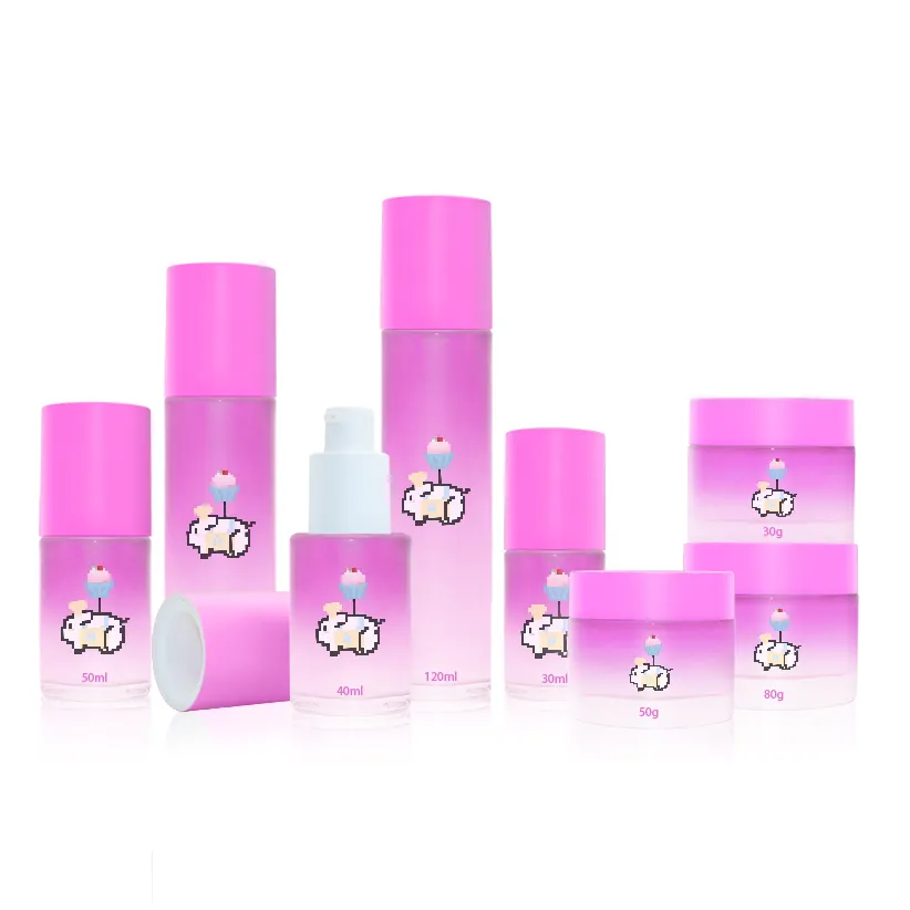 Kosmetik verpackung 30ml 40ml 50ml 60ml 100ml gefroste tes rosa Grund glas kosmetische Serum-Augen lotion flasche mit rosa Kappe