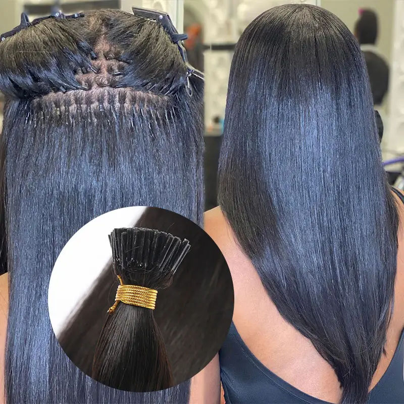 Groothandel Braziliaanse Cuticula Uitgelijnd Keratine Natuur Zwart 100% Remy Maagdelijke Mens Dubbel Getrokken Vrouwtjes I Tip Hair Extensions