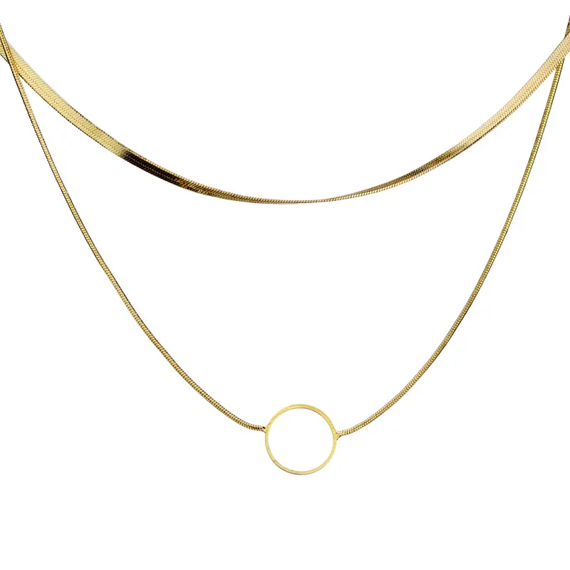2 katmanlı kısa kolye metal daire Charm altın yılan zinciri kolye kadınlar ve kızlar için moda takı