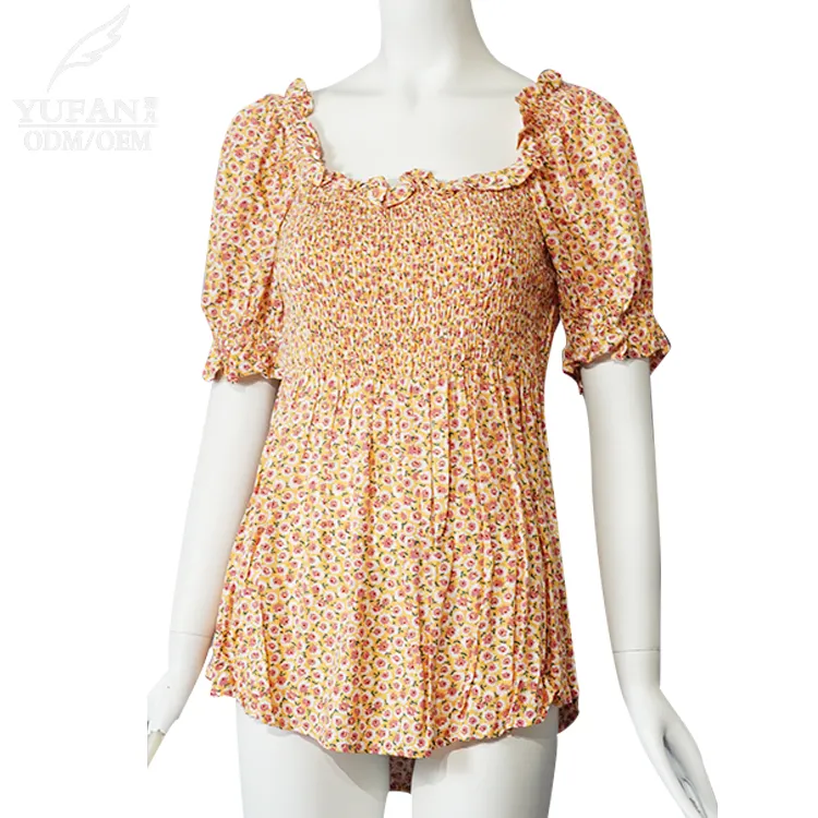 YuFan 사용자 정의 봄과 여름 새로운 스타일 여성 캐주얼 스퀘어 넥 플로럴 프릴 탑 여름 쉬폰 티셔츠
