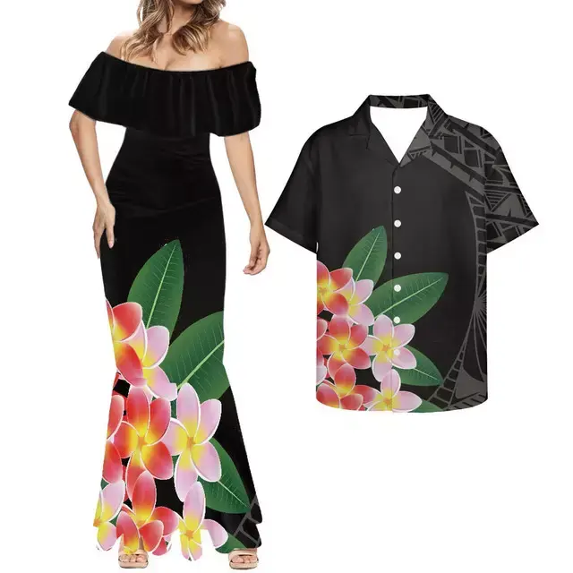 Siyah polinezya elbiseler kapalı omuz zarif Plumeria baskı giysi seti çiftler kadın kısa kollu elbise bayanlar için toptan