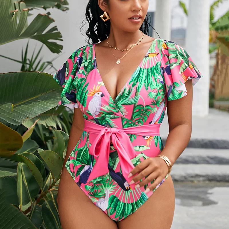 Maillot de bain une pièce multicolore à imprimé Tropical et nœud, col en V à volants, grande taille, pour femmes