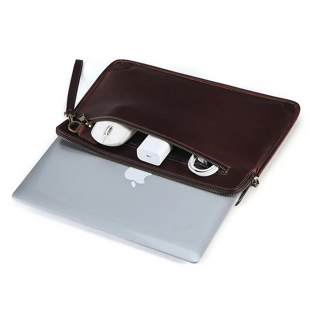हस्तनिर्मित Cowhide चमड़े पुरुषों Cluth बैग कलाई का पट्टा के साथ असली लेदर लैपटॉप मैकबुक आस्तीन मामले के लिए 14.2 इंच मैकबुक प्रो