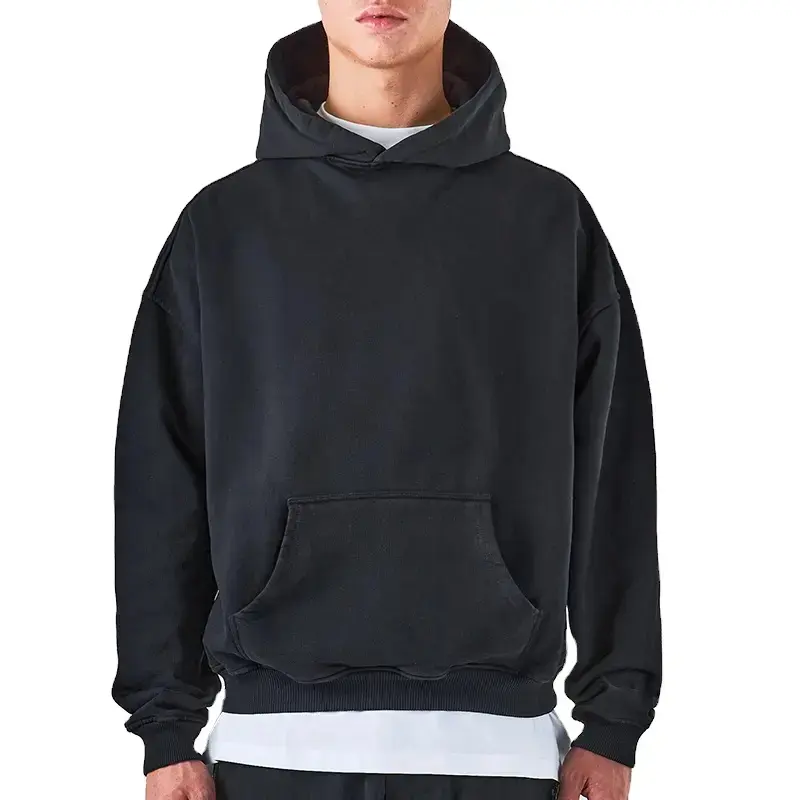 Streetwear Double Layer No String Custom Logo Embossed Hoodie 400gsm French Terry Hoodies Oversized Men Knitted Fabric Pullover