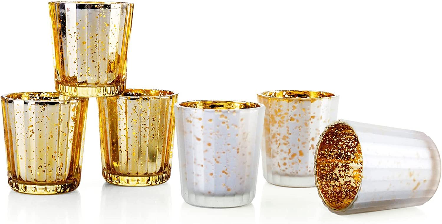 6 Pcs Pack Silver + Gold Speckled Mercury Glass Votive Candle Holder Bulk Candle Holders