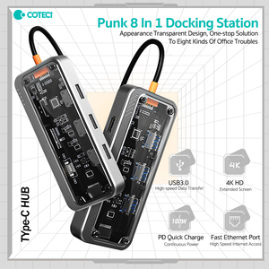 COTECi直销品牌8in1 USB3.0 USB2.0集线器，具有朋克透明设计功能，具有TF SD HDMI RJ45和usb-c 2.0端口 - Product Image 2