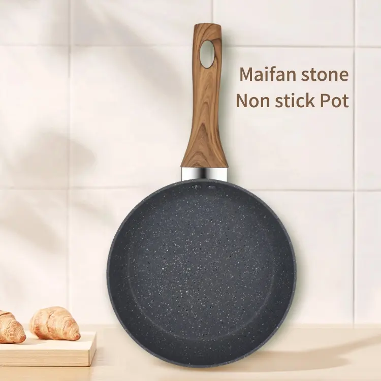 Venta al por mayor de piedra médica antiadherente Panci sartenes utensilios de cocina 20cm sartén de aluminio con mango de madera