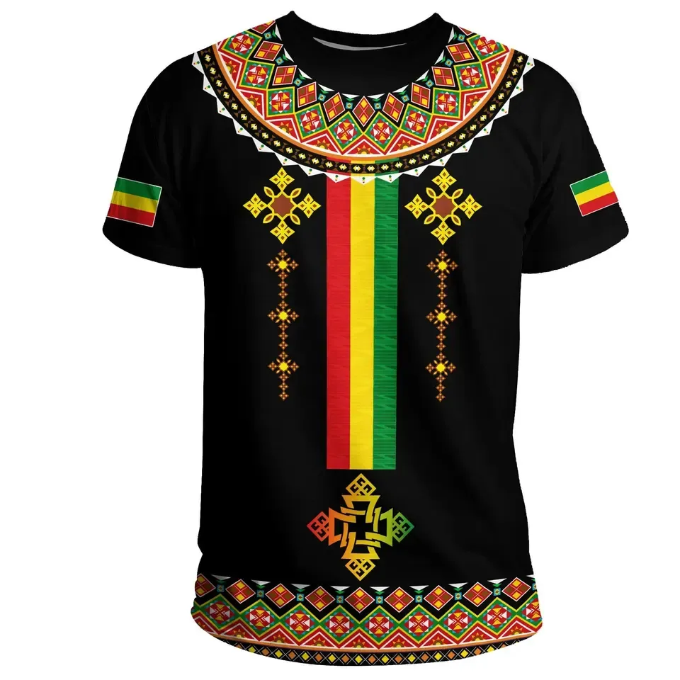 Camiseta personalizada de poliéster ethiopia, camiseta tradicional de design cruzado para homens, roupa de poliéster com texto