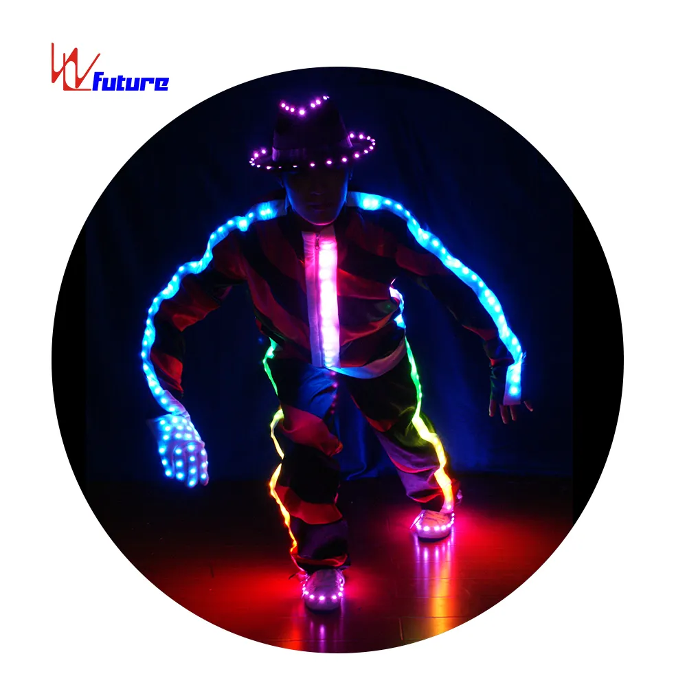 Программируемый светящийся светодиодный костюм Майкла Джексона для танцев с шляпой, перчатками и обувью, мобильный источник питания для костюмов