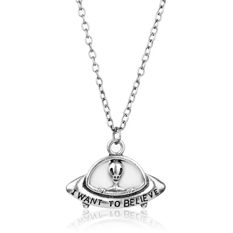 I Want To Believe UFO Alieno Collana di Fascino X Files Argento Placcato Astronave Pendente Della Collana