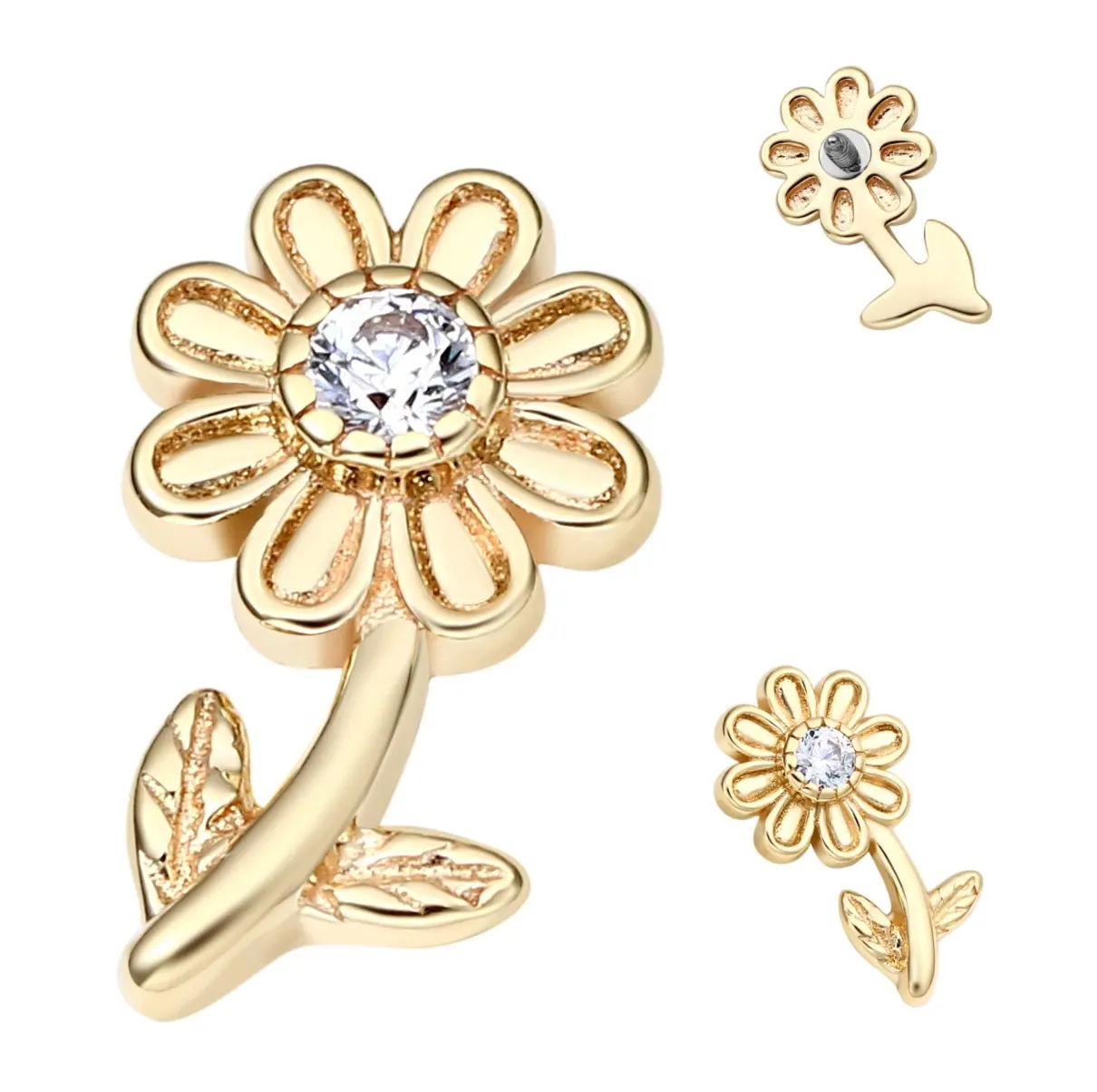 Piercing Stories 14K Yellow Solid Gold Flower shaped Threaded Earrings Ends Tragus Body Piercing Jewelry