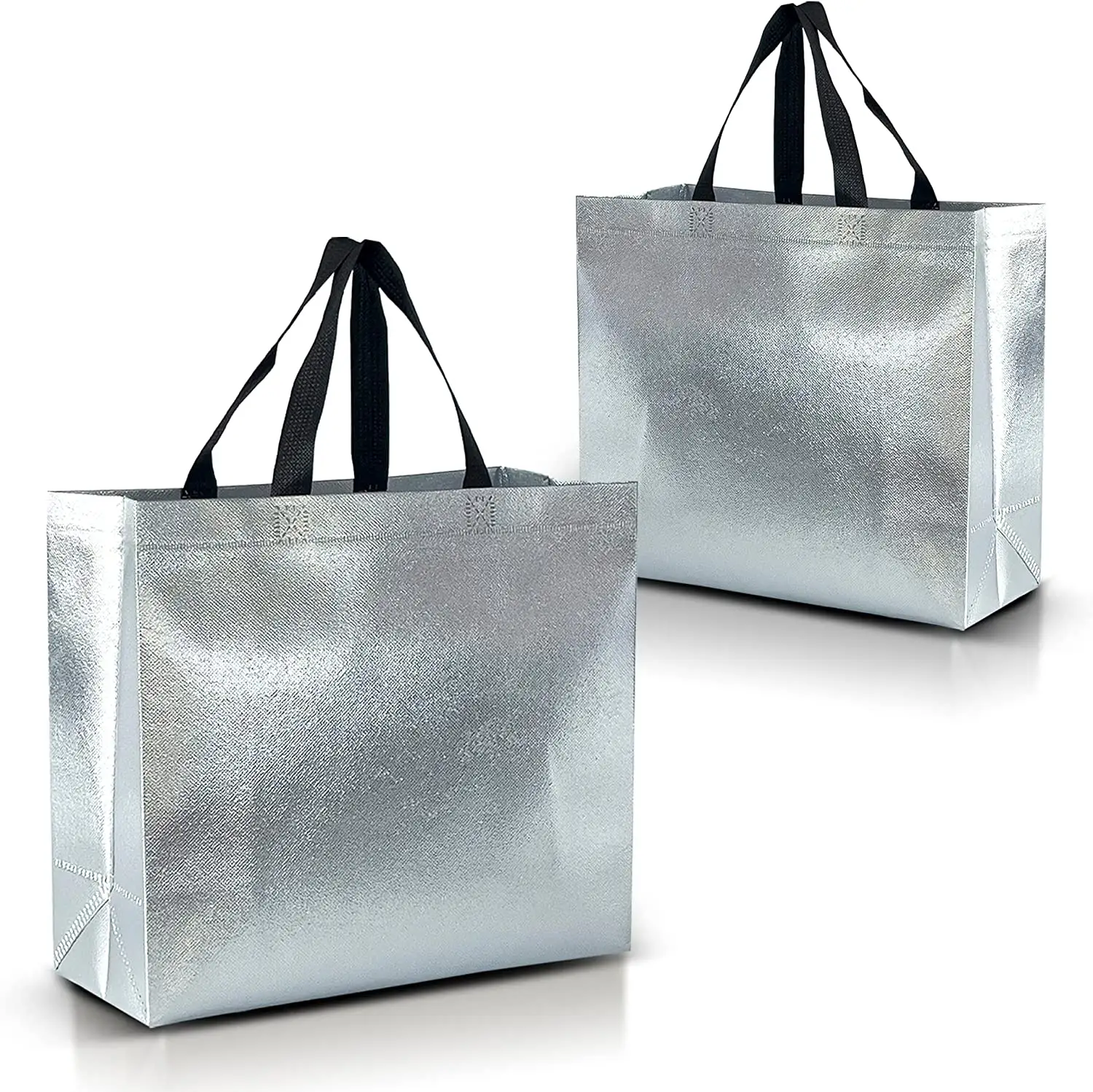 Özel sıcak satış moda kadınlar alışveriş Tote katlanabilir kullanımlık gümüş metalik olmayan dokuma çanta ile sağlam kolu