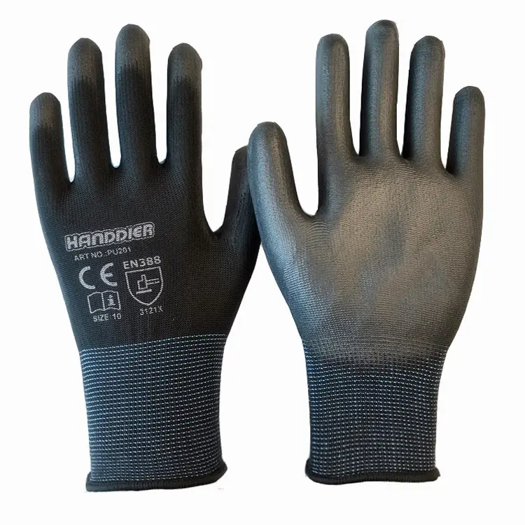 13g polyester knitted black PU brown coated Polyester knitted shell pu coated safety work gloves for automotive industry