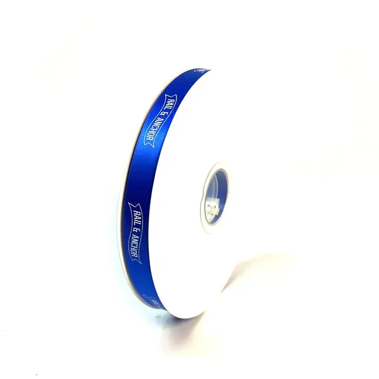 Logotipo repetido personalizado cinta de seda azul real poliéster cinta para envolver regalos